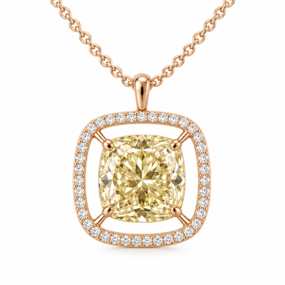 MISSISSI Cushion Air Frame lab-grown diamond necklace in 14K rose gold, front hero on white, featuring a soft-yellow cushion suspended inside a separate white-diamond frame.
