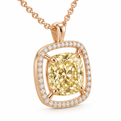 MISSISSI Cushion Air Frame lab-grown diamond necklace in 14K rose gold, three-quarter view, featuring a soft-yellow cushion suspended inside a separate white-diamond frame.