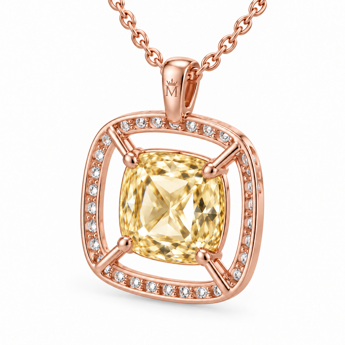MISSISSI Cushion Air Frame lab-grown diamond necklace in 14K rose gold, rear open-gallery view, featuring a soft-yellow cushion suspended inside a separate white-diamond frame.