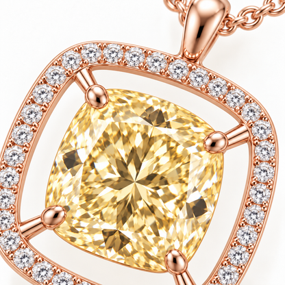 MISSISSI Cushion Air Frame lab-grown diamond necklace in 14K rose gold, diamond macro detail, featuring a soft-yellow cushion suspended inside a separate white-diamond frame.