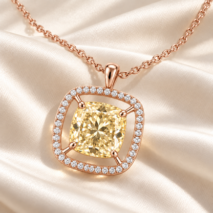 MISSISSI Cushion Air Frame lab-grown diamond necklace in 14K rose gold, ivory silk styling, featuring a soft-yellow cushion suspended inside a separate white-diamond frame.