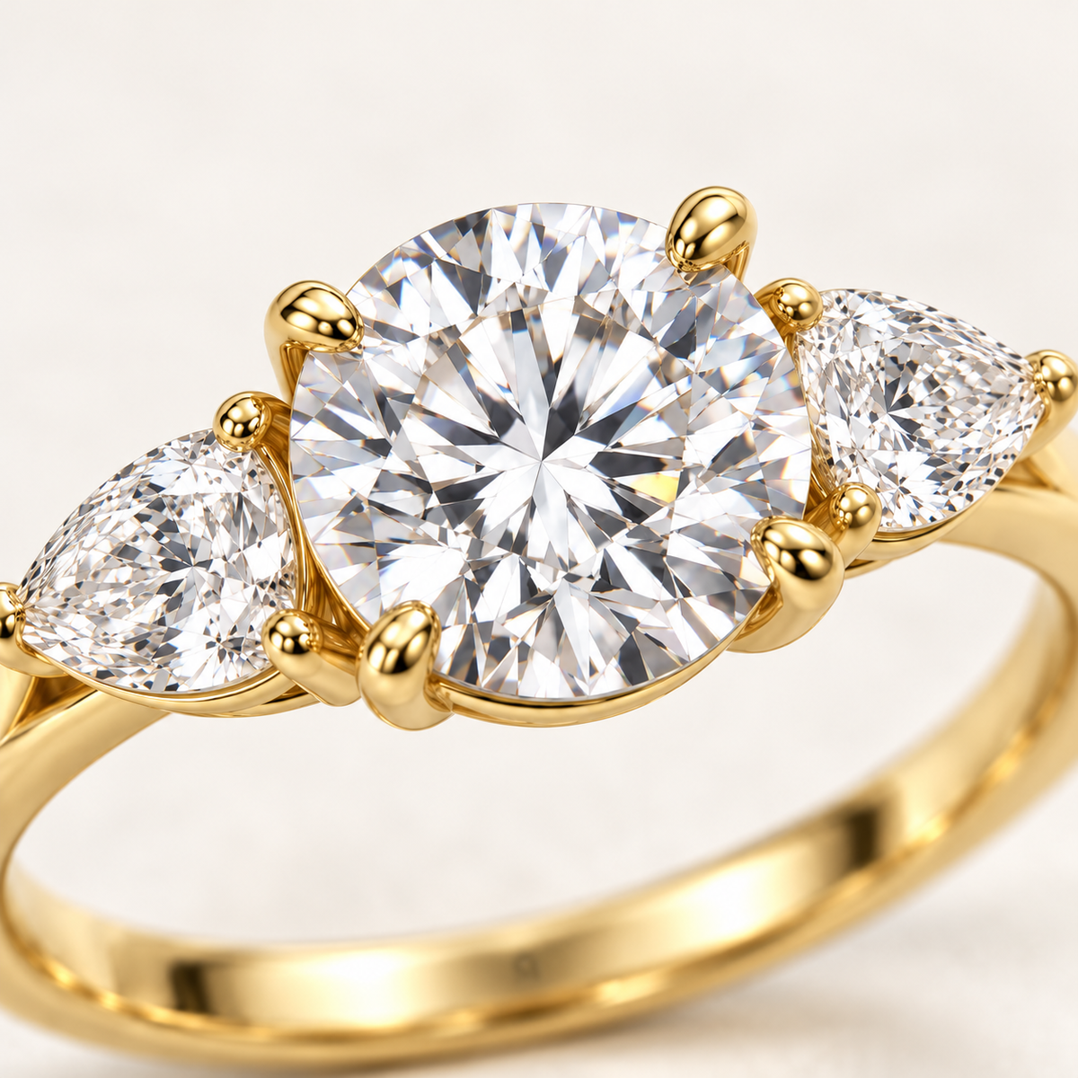 MISSISSI Round Pear Trilogy lab-grown diamond ring in 14K yellow gold, macro detail