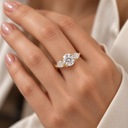 MISSISSI Round Pear Trilogy lab-grown diamond ring in 14K yellow gold, worn