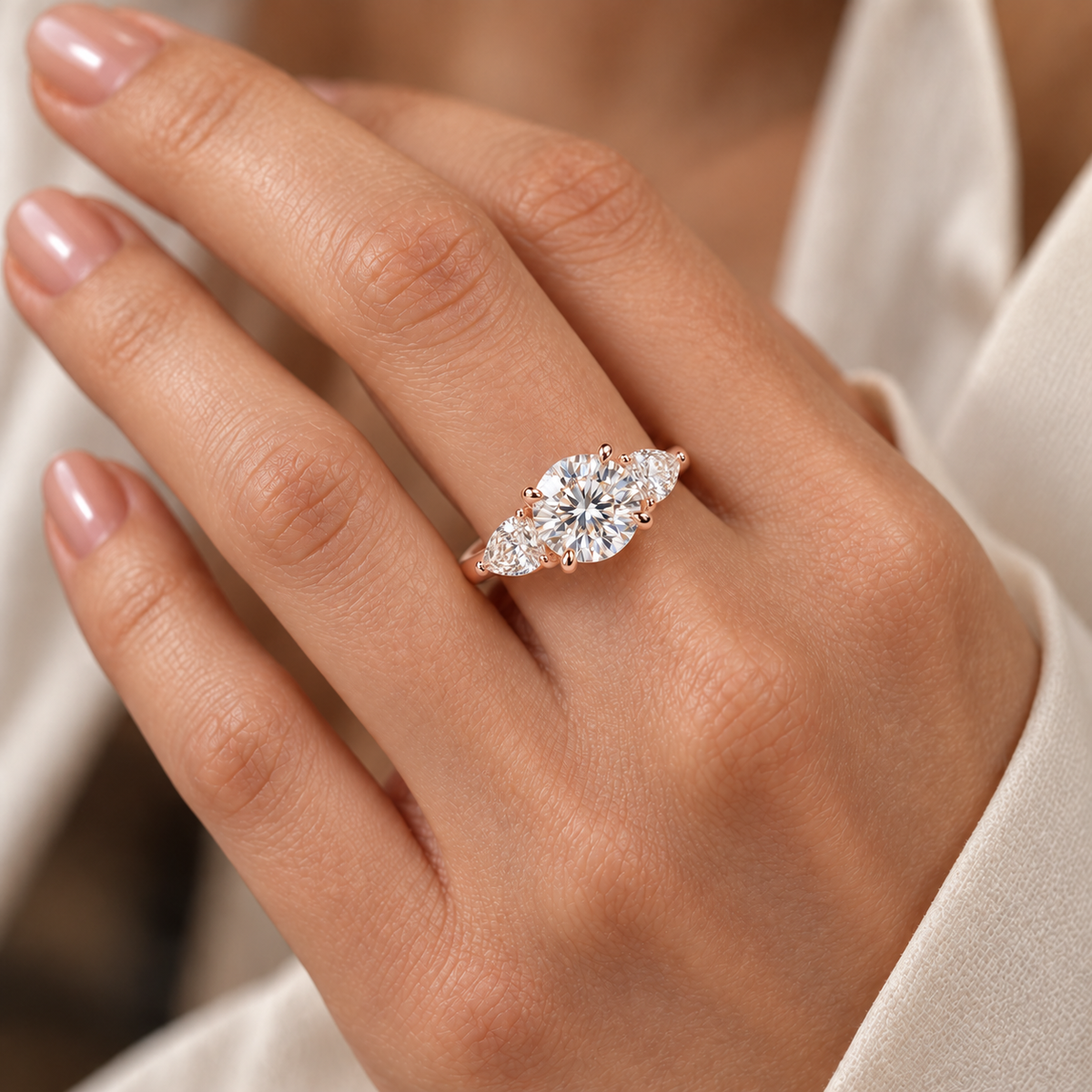 MISSISSI Round Pear Trilogy lab-grown diamond ring in 14K rose gold, worn