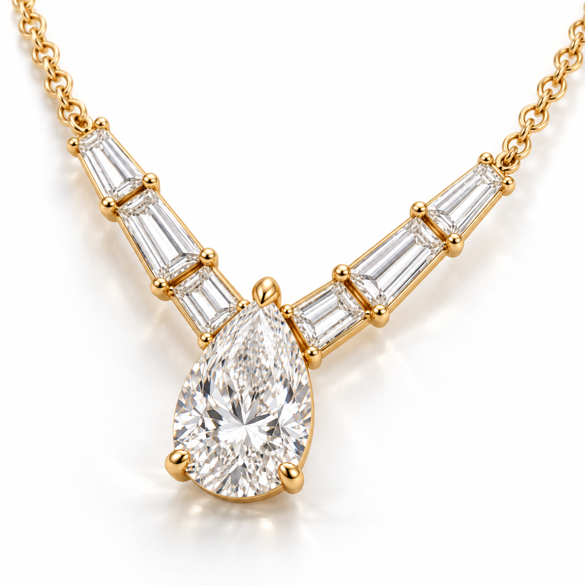 MISSISSI Pear Chevron lab-grown diamond necklace in 14K yellow gold, three quarter