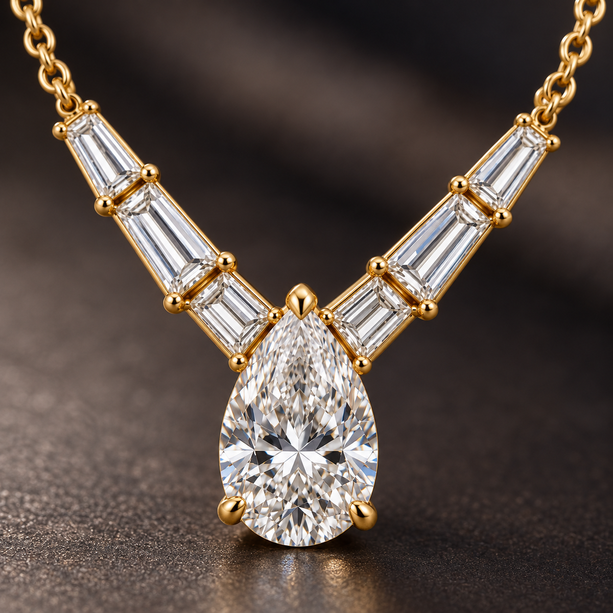 MISSISSI Pear Chevron lab-grown diamond necklace in 14K yellow gold, macro detail