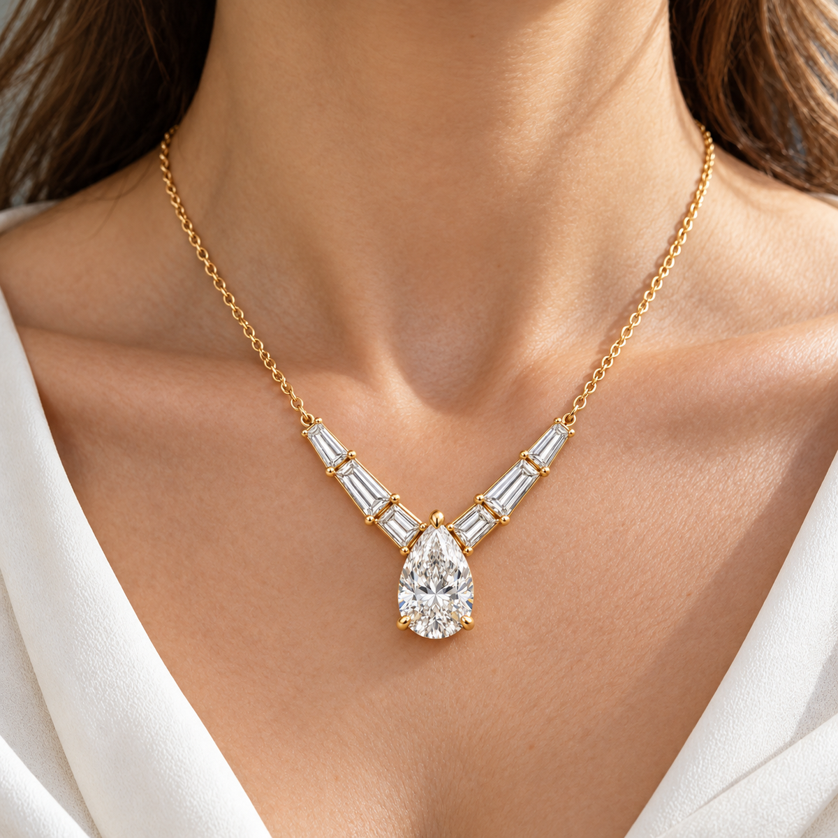 MISSISSI Pear Chevron lab-grown diamond necklace in 14K yellow gold, worn