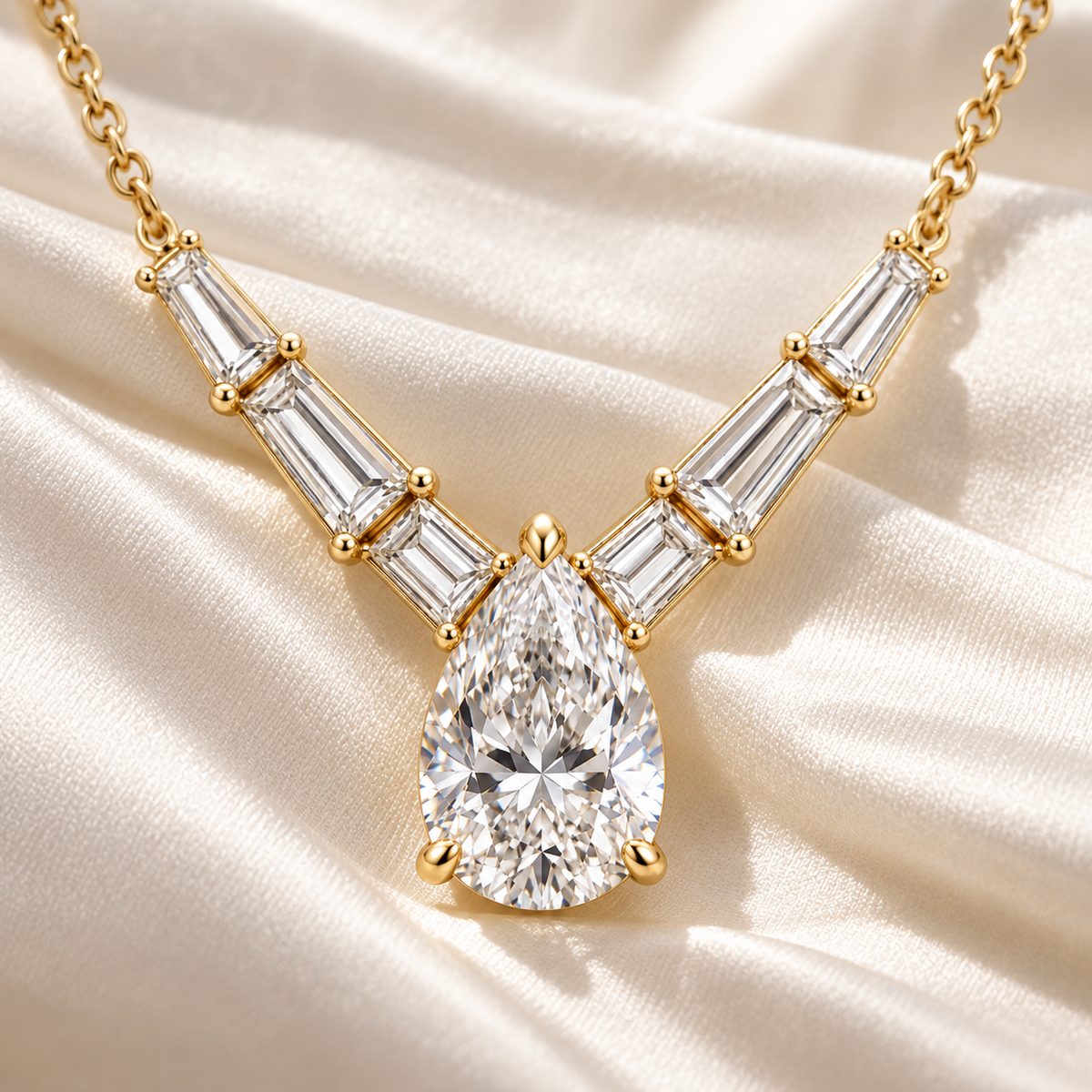 MISSISSI Pear Chevron lab-grown diamond necklace in 14K yellow gold, ivory styling