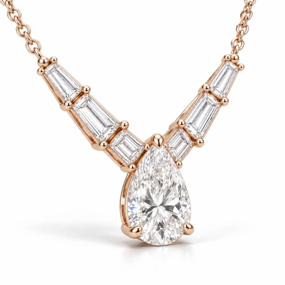 MISSISSI Pear Chevron lab-grown diamond necklace in 14K rose gold, three quarter