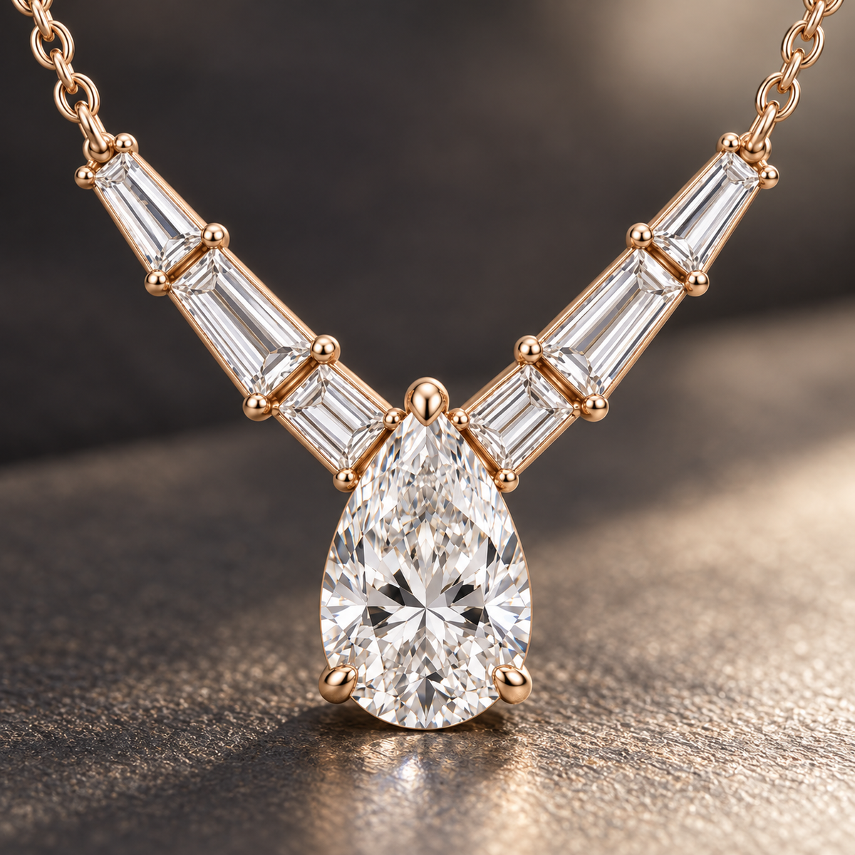 MISSISSI Pear Chevron lab-grown diamond necklace in 14K rose gold, macro detail