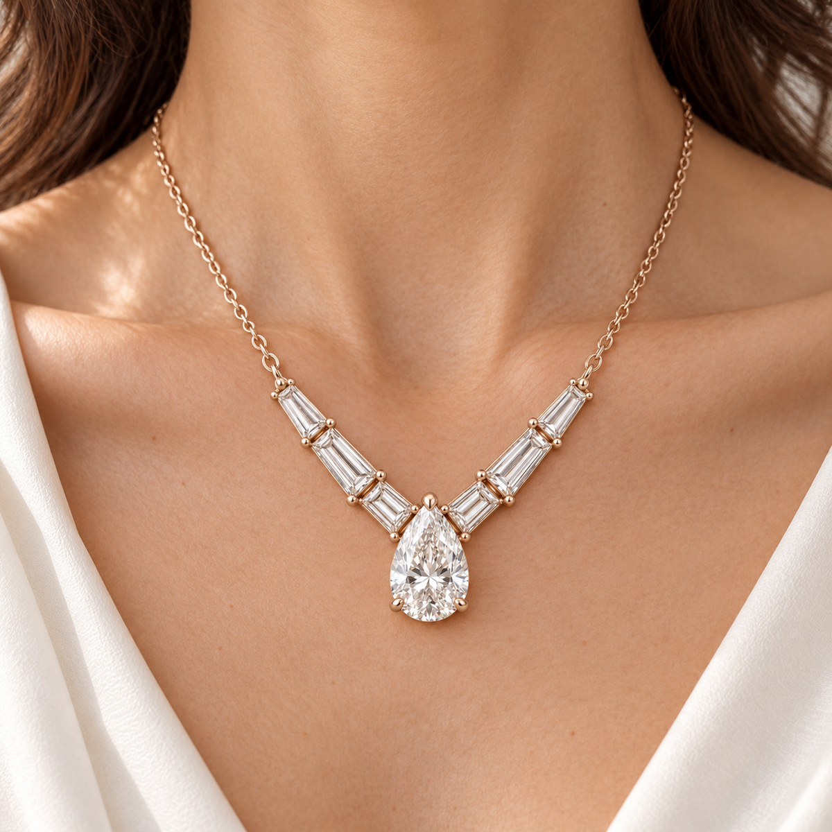 MISSISSI Pear Chevron lab-grown diamond necklace in 14K rose gold, worn