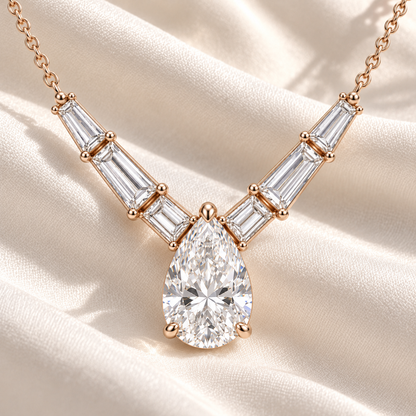 MISSISSI Pear Chevron lab-grown diamond necklace in 14K rose gold, ivory styling