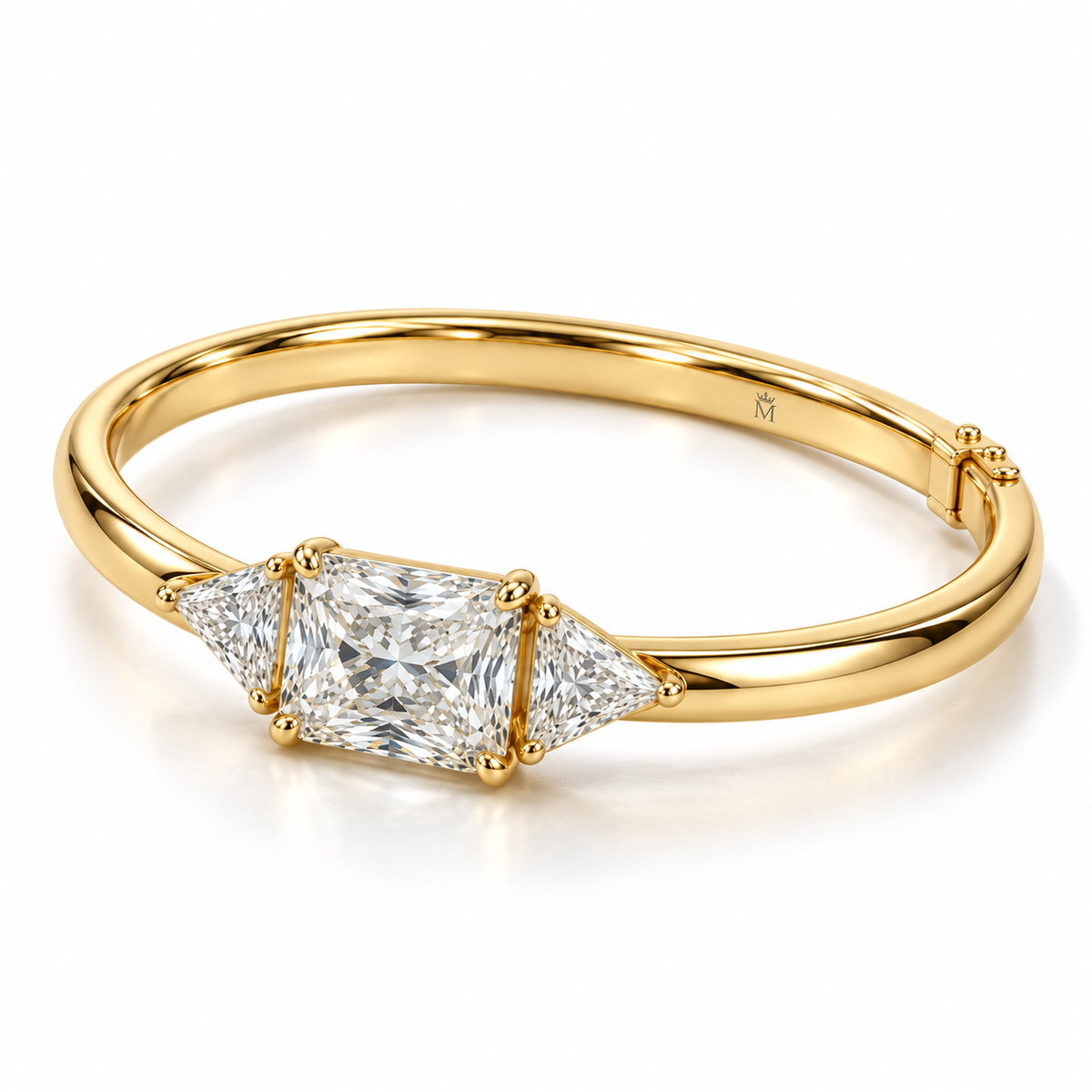 MISSISSI Radiant Triangle lab-grown diamond bangle in 14K yellow gold, three quarter