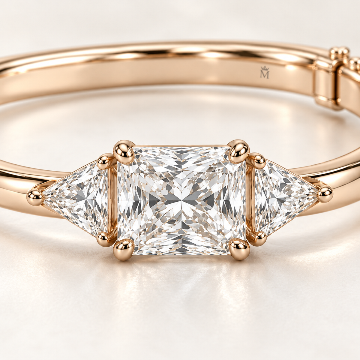MISSISSI Radiant Triangle lab-grown diamond bangle in 14K rose gold, macro detail