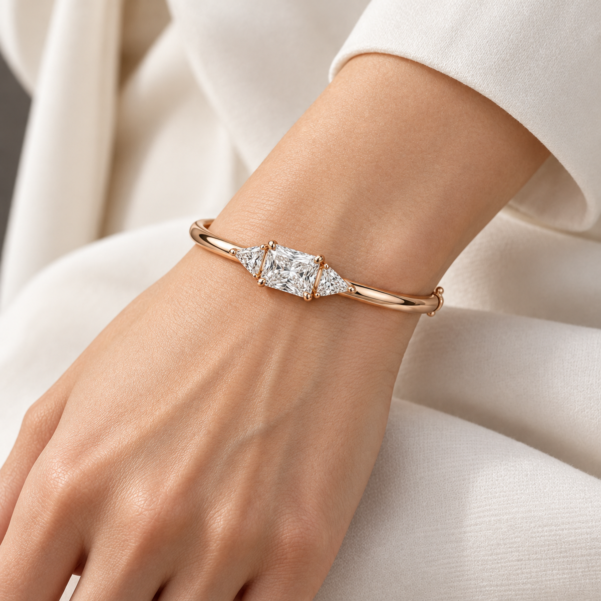 MISSISSI Radiant Triangle lab-grown diamond bangle in 14K rose gold, worn