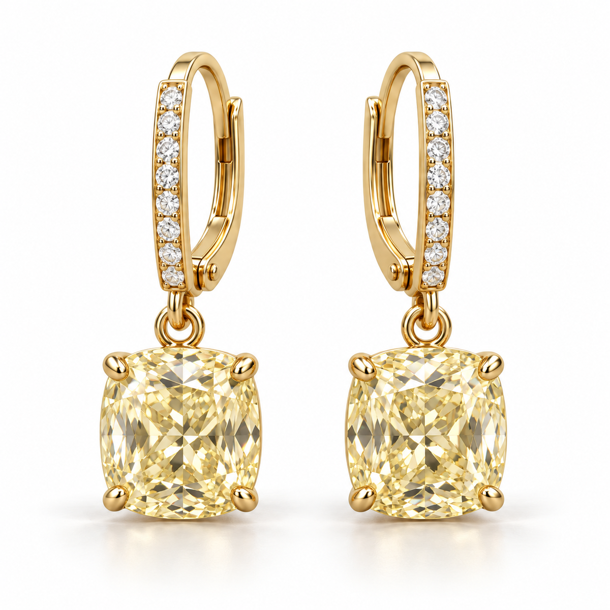 MISSISSI Yellow Cushion Leverback lab-grown diamond earrings in 14K yellow gold, hero