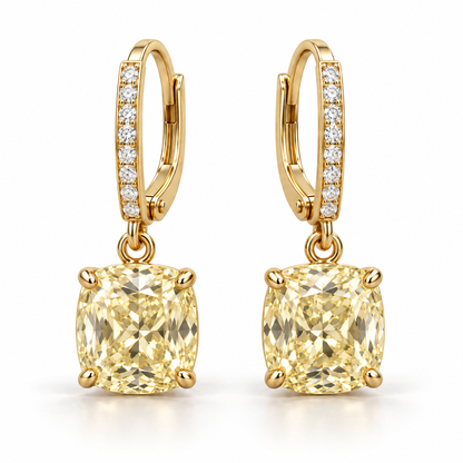 MISSISSI Yellow Cushion Leverback lab-grown diamond earrings in 14K yellow gold, hero