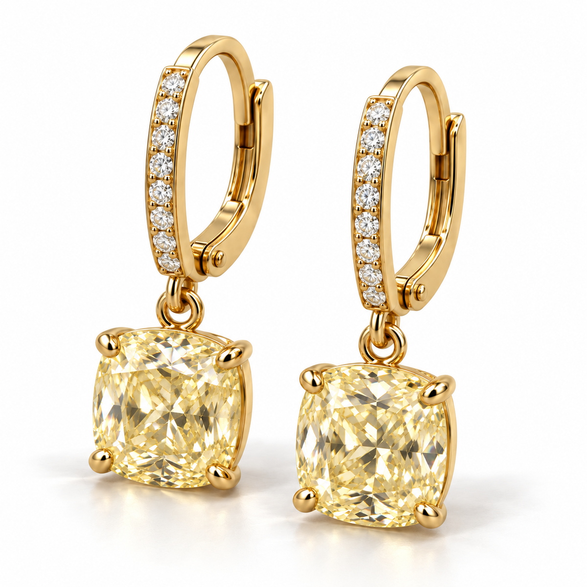 MISSISSI Yellow Cushion Leverback lab-grown diamond earrings in 14K yellow gold, three quarter