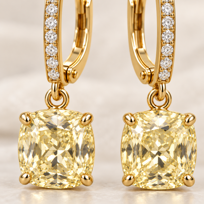MISSISSI Yellow Cushion Leverback lab-grown diamond earrings in 14K yellow gold, macro detail