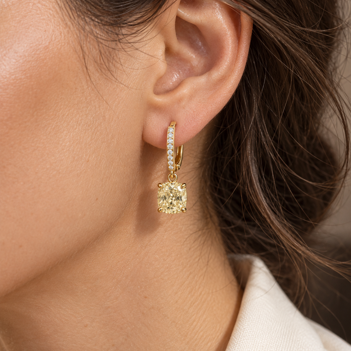MISSISSI Yellow Cushion Leverback lab-grown diamond earrings in 14K yellow gold, worn