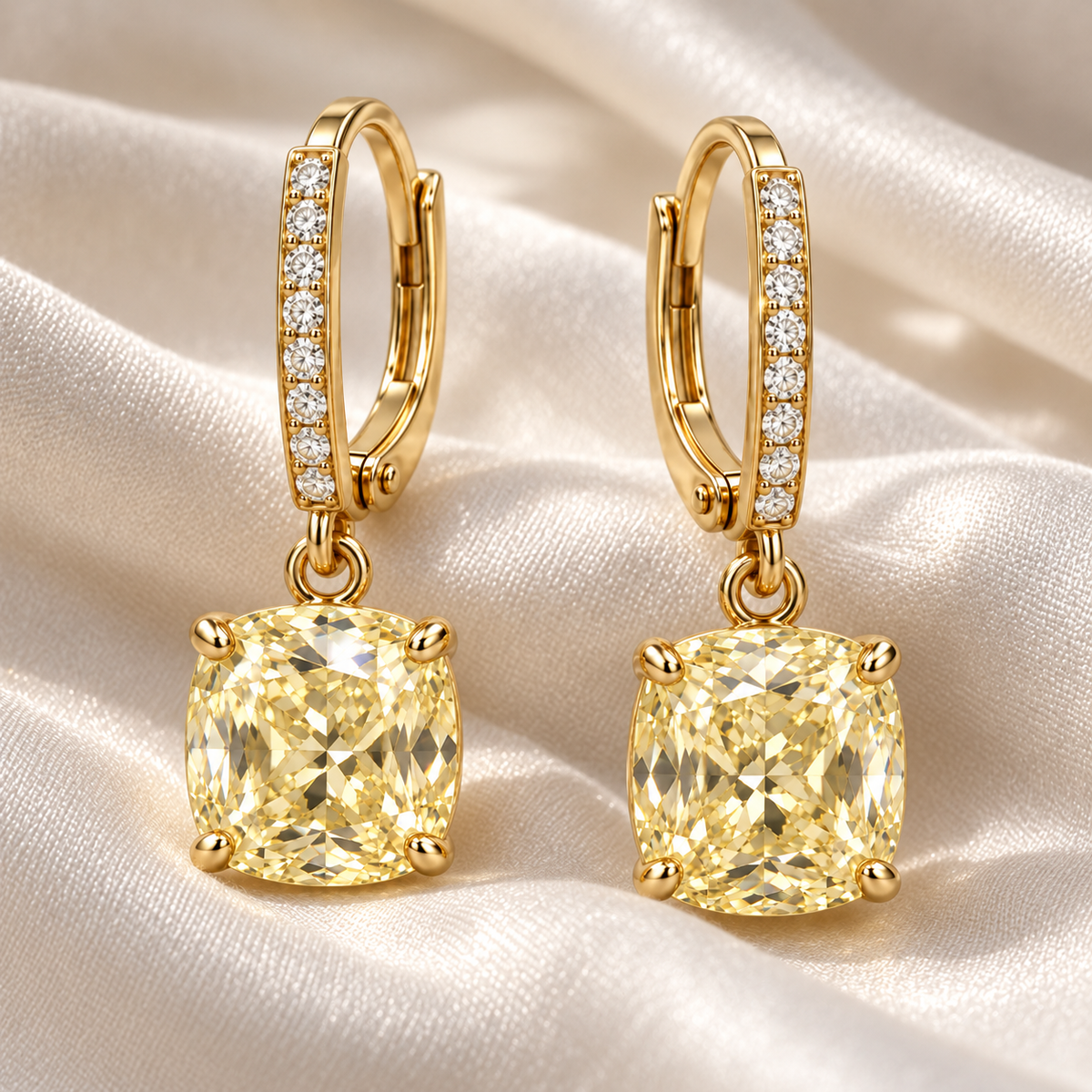 MISSISSI Yellow Cushion Leverback lab-grown diamond earrings in 14K yellow gold, ivory styling