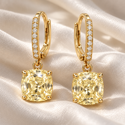 MISSISSI Yellow Cushion Leverback lab-grown diamond earrings in 14K yellow gold, ivory styling