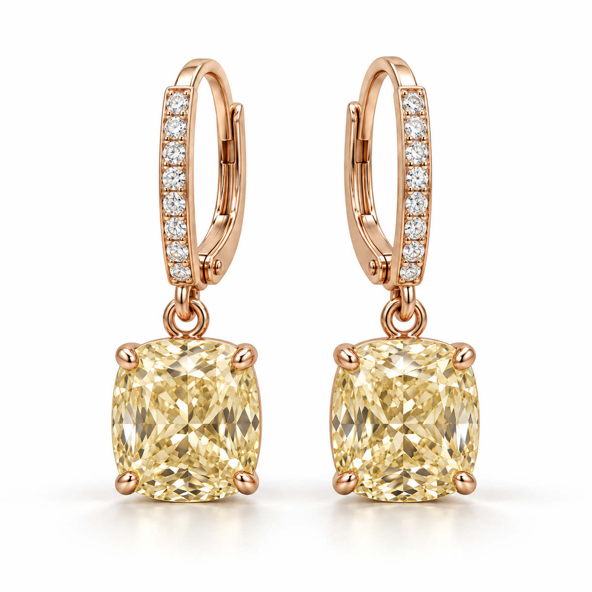 MISSISSI Yellow Cushion Leverback lab-grown diamond earrings in 14K rose gold, hero