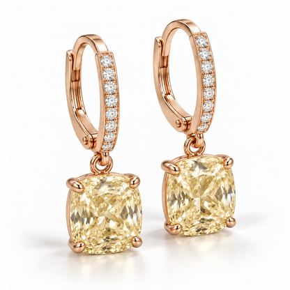 MISSISSI Yellow Cushion Leverback lab-grown diamond earrings in 14K rose gold, three quarter