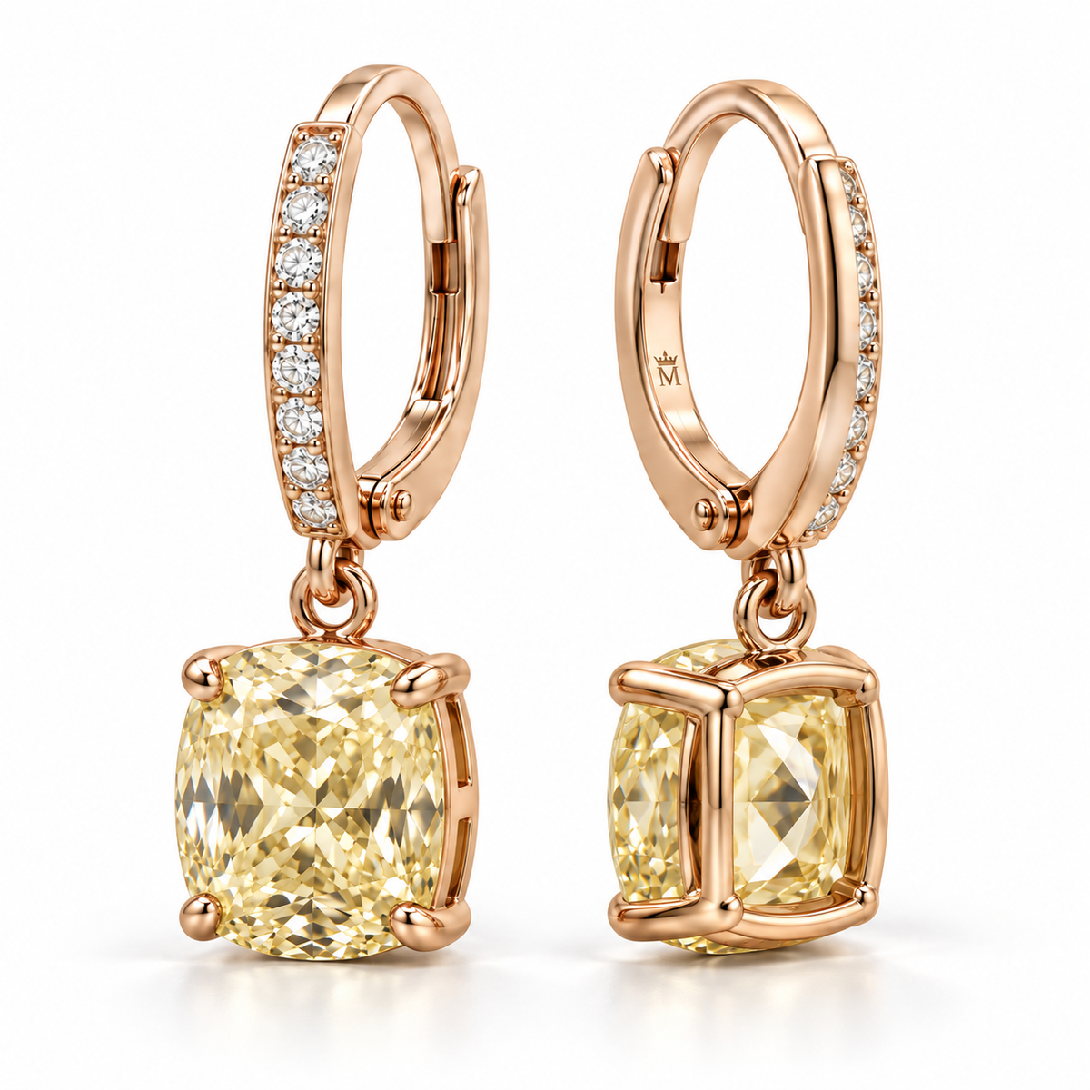 MISSISSI Yellow Cushion Leverback lab-grown diamond earrings in 14K rose gold, side gallery