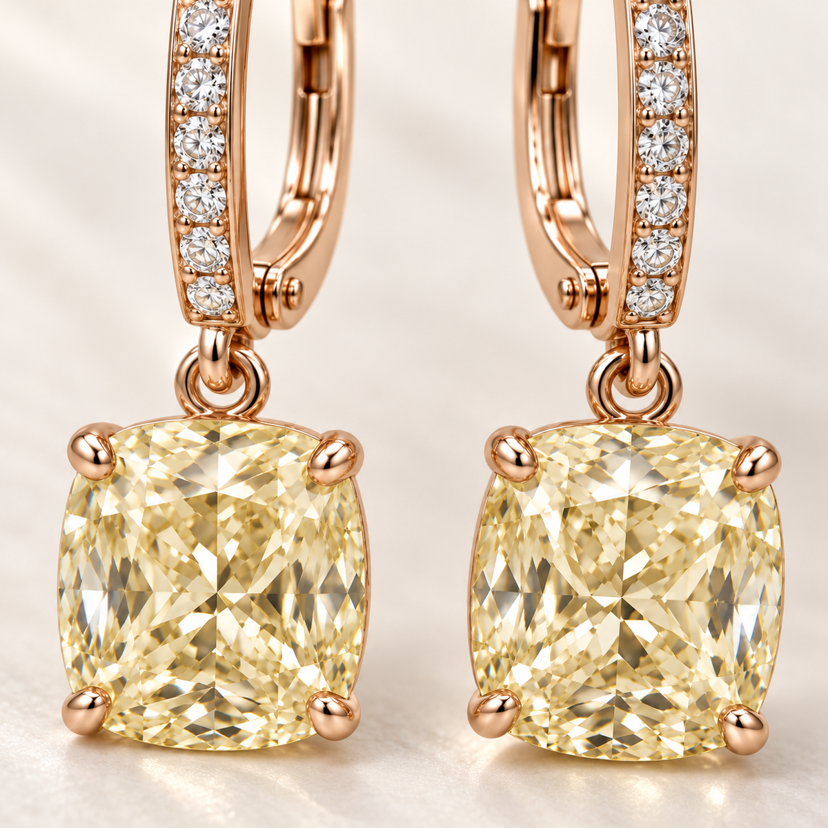 MISSISSI Yellow Cushion Leverback lab-grown diamond earrings in 14K rose gold, macro detail