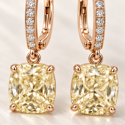 MISSISSI Yellow Cushion Leverback lab-grown diamond earrings in 14K rose gold, macro detail