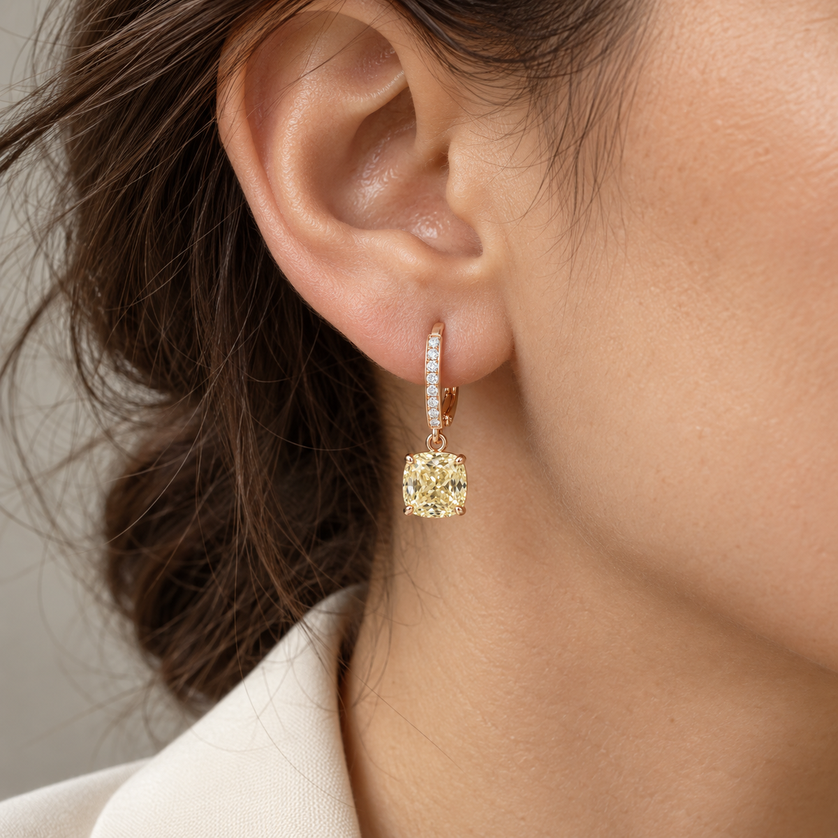 MISSISSI Yellow Cushion Leverback lab-grown diamond earrings in 14K rose gold, worn