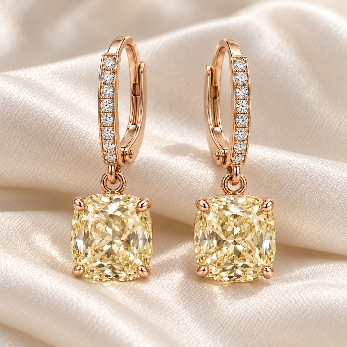 MISSISSI Yellow Cushion Leverback lab-grown diamond earrings in 14K rose gold, ivory styling