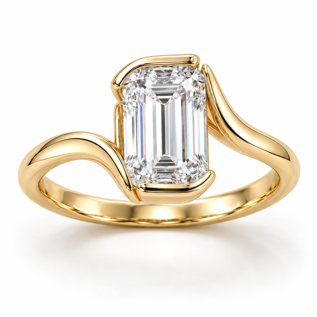 MISSISSI Emerald-Cut Bypass Lab-Grown Diamond Ring in yellow gold, front product view on white; design visualization