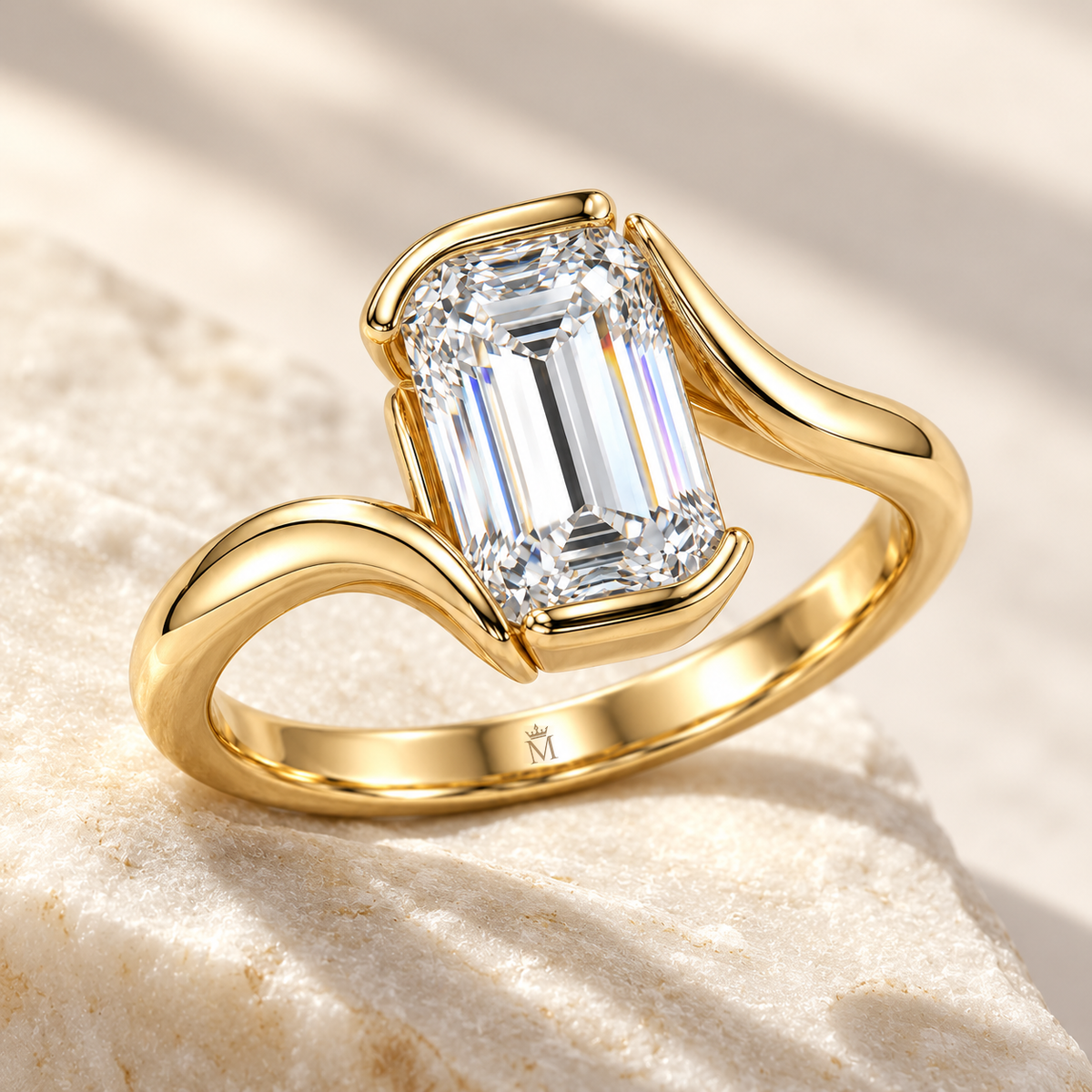 MISSISSI Emerald-Cut Bypass Lab-Grown Diamond Ring in yellow gold, elevated angled view; design visualization
