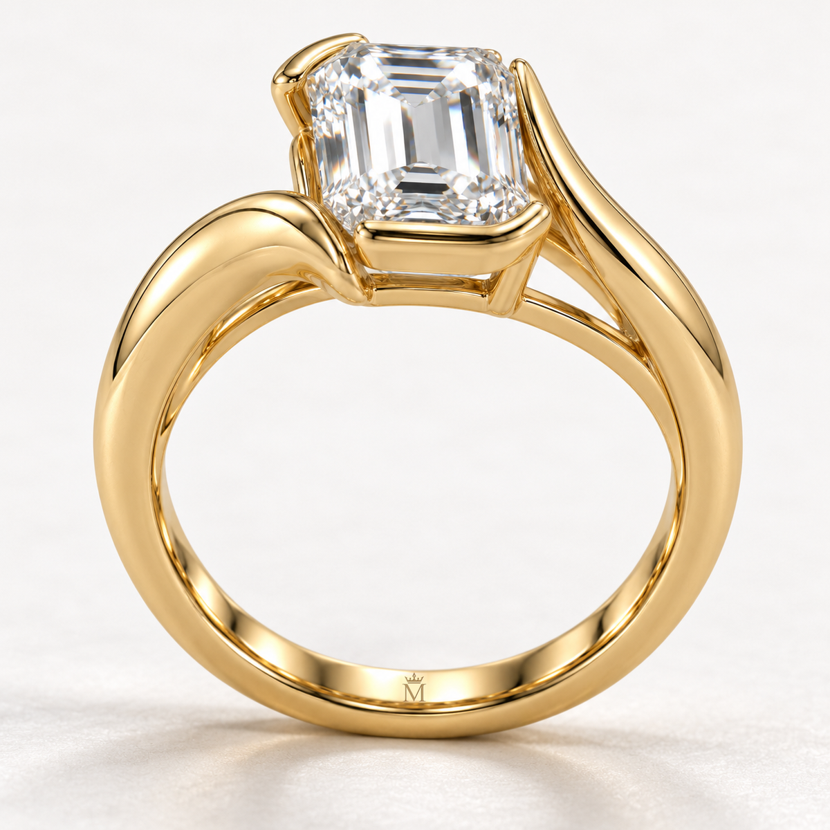 MISSISSI Emerald-Cut Bypass Lab-Grown Diamond Ring in yellow gold, upright angled gallery and inner engraving view; design visualization