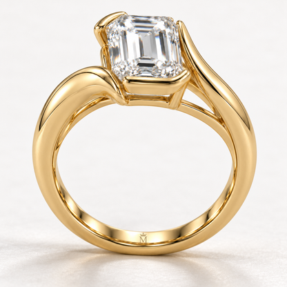 MISSISSI Emerald-Cut Bypass Lab-Grown Diamond Ring in yellow gold, upright angled gallery and inner engraving view; design visualization
