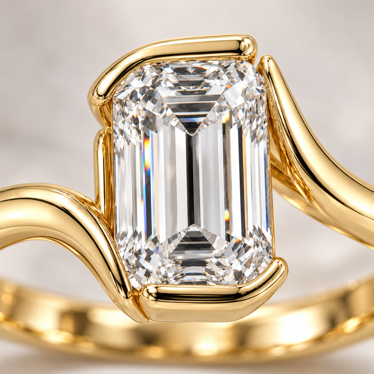 MISSISSI Emerald-Cut Bypass Lab-Grown Diamond Ring in yellow gold, close diamond and setting detail; design visualization