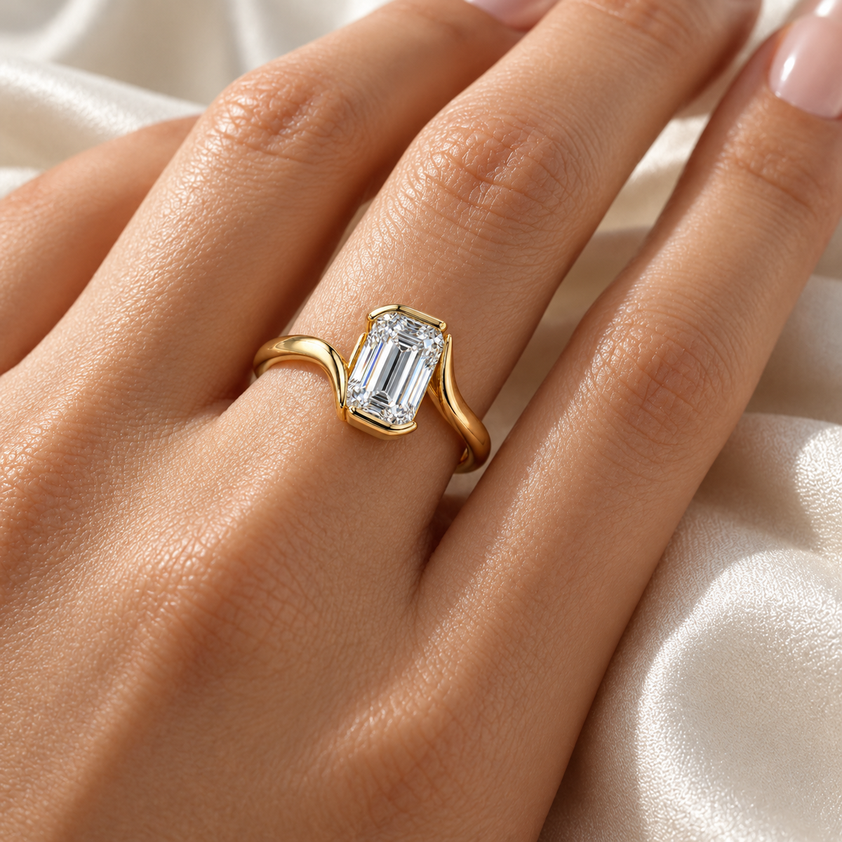 MISSISSI Emerald-Cut Bypass Lab-Grown Diamond Ring in yellow gold, illustrative on-hand view; design visualization