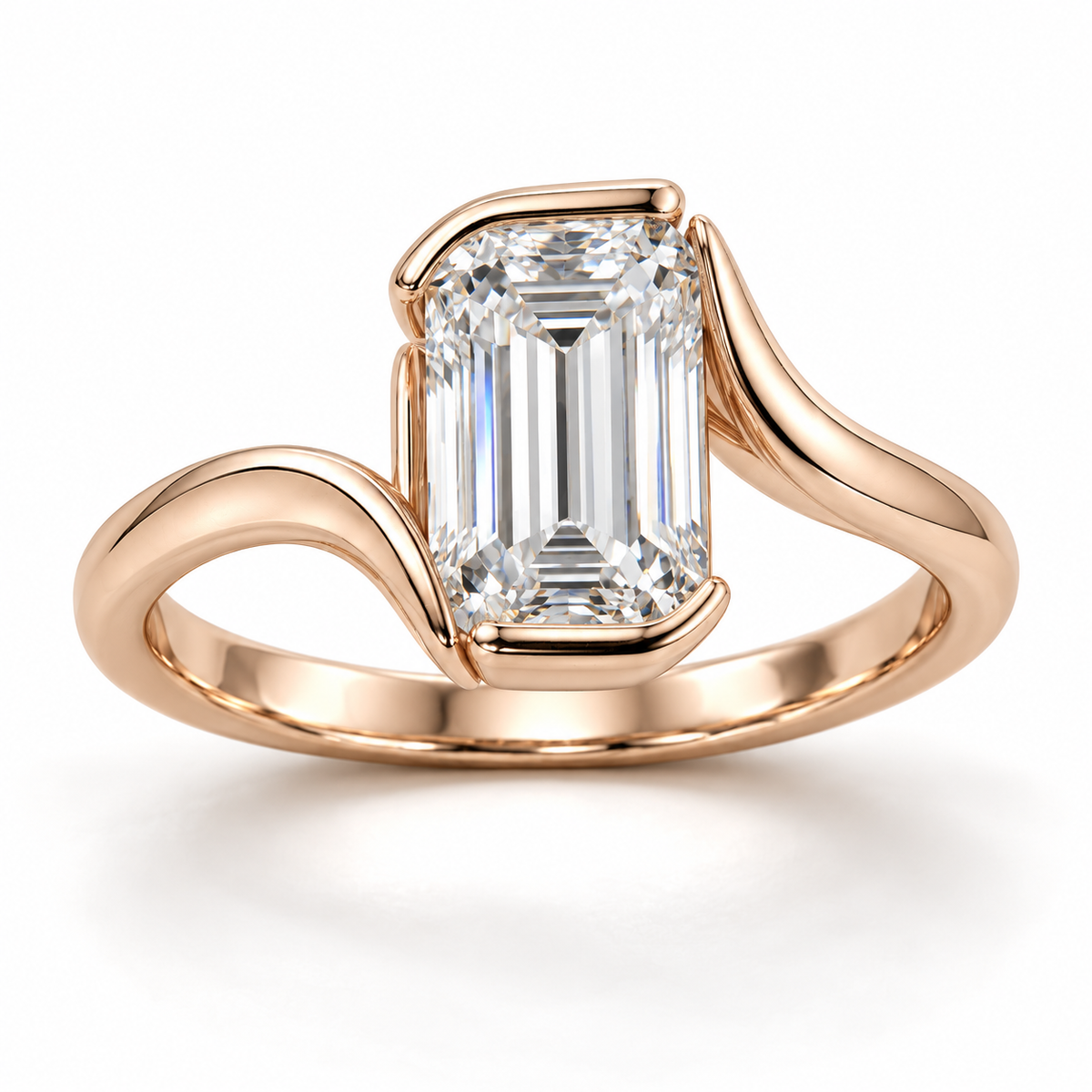 MISSISSI Emerald-Cut Bypass Lab-Grown Diamond Ring in rose gold, front product view on white; design visualization