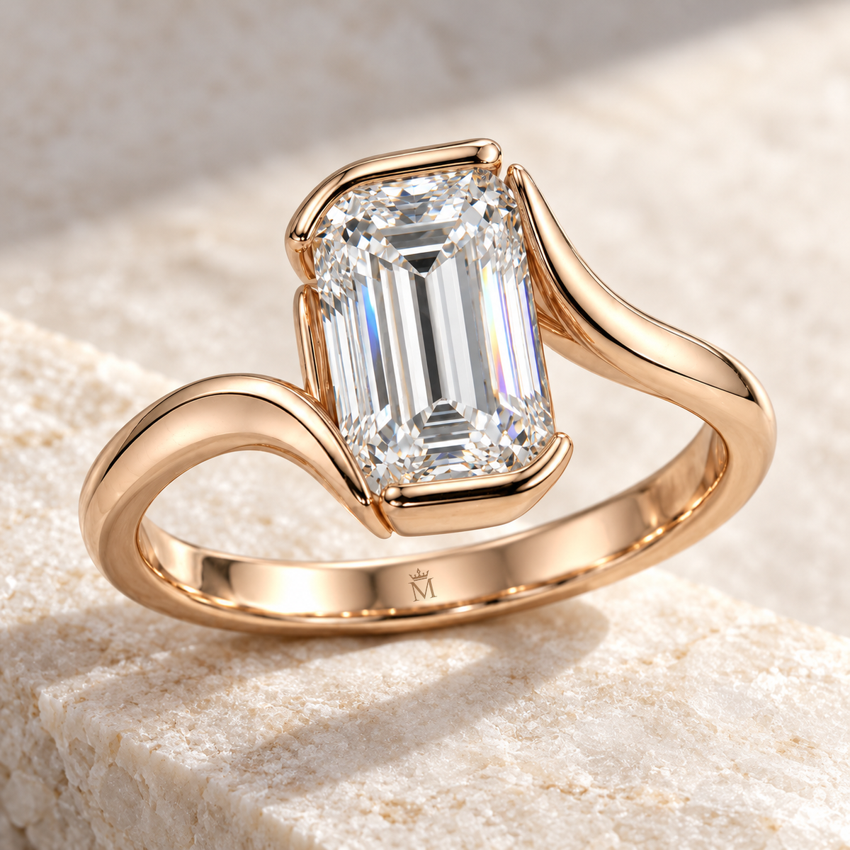 MISSISSI Emerald-Cut Bypass Lab-Grown Diamond Ring in rose gold, elevated angled view; design visualization
