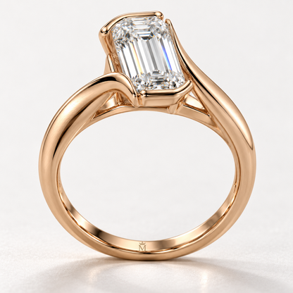 MISSISSI Emerald-Cut Bypass Lab-Grown Diamond Ring in rose gold, upright angled gallery and inner engraving view; design visualization
