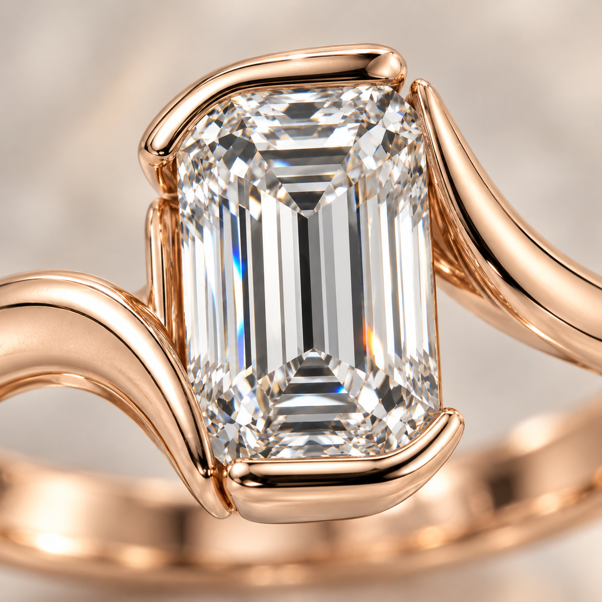 MISSISSI Emerald-Cut Bypass Lab-Grown Diamond Ring in rose gold, close diamond and setting detail; design visualization