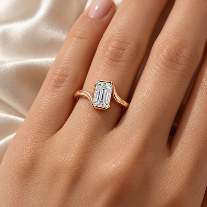 MISSISSI Emerald-Cut Bypass Lab-Grown Diamond Ring in rose gold, illustrative on-hand view; design visualization