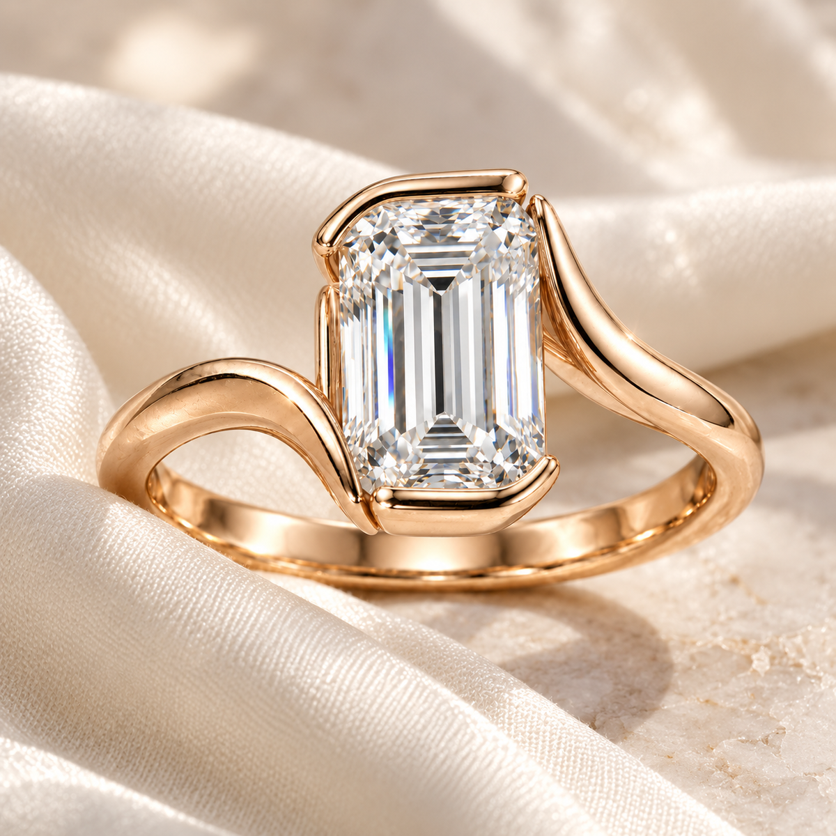 MISSISSI Emerald-Cut Bypass Lab-Grown Diamond Ring in rose gold, editorial silk and stone still life; design visualization