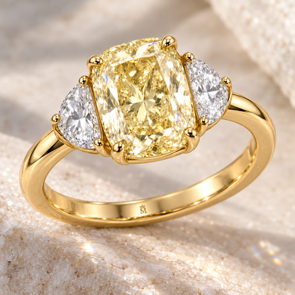 MISSISSI Yellow Cushion Half-Moon Lab-Grown Diamond Ring in yellow gold, elevated angled view; design visualization