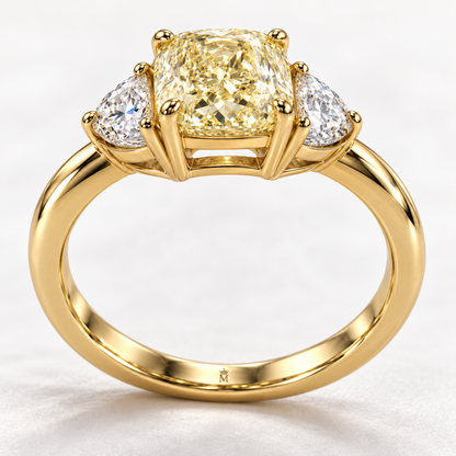 MISSISSI Yellow Cushion Half-Moon Lab-Grown Diamond Ring in yellow gold, upright angled gallery and inner engraving view; design visualization
