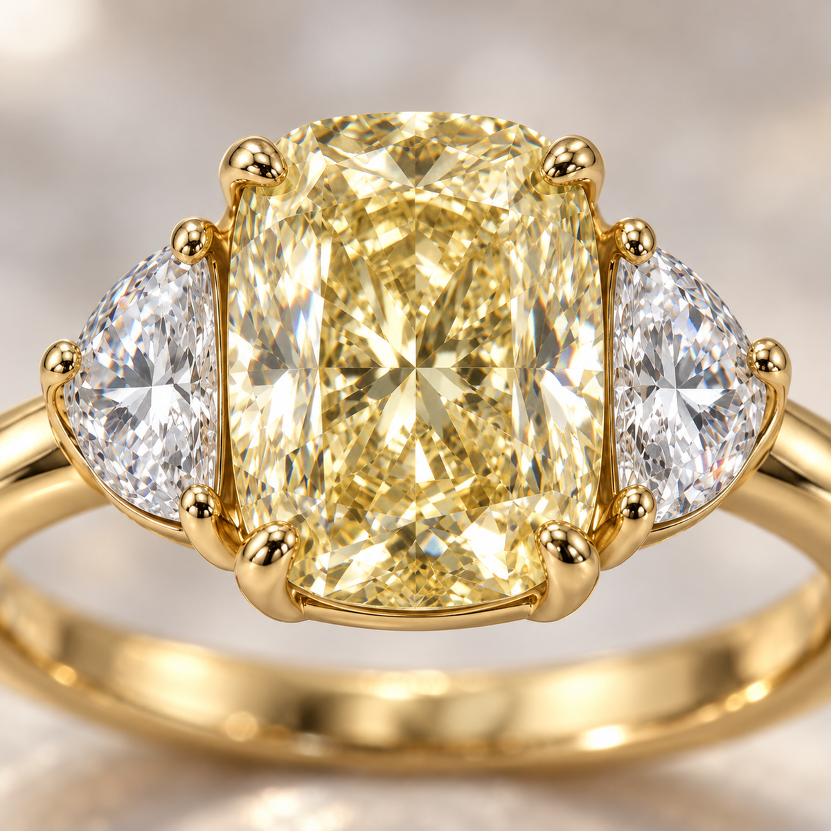 MISSISSI Yellow Cushion Half-Moon Lab-Grown Diamond Ring in yellow gold, close diamond and setting detail; design visualization