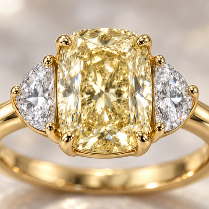 MISSISSI Yellow Cushion Half-Moon Lab-Grown Diamond Ring in yellow gold, close diamond and setting detail; design visualization