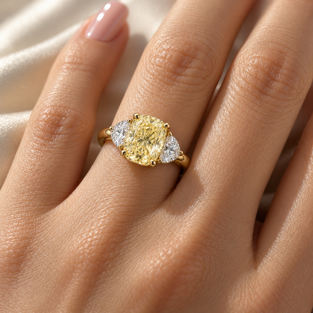 MISSISSI Yellow Cushion Half-Moon Lab-Grown Diamond Ring in yellow gold, illustrative on-hand view; design visualization